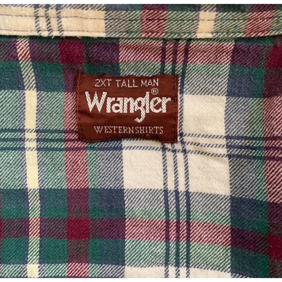 Vintage 90s Wrangler Western Pearl Snap Flannel Shirt 2XLT Tall Plaid Burgundy - Picture 7 of 8